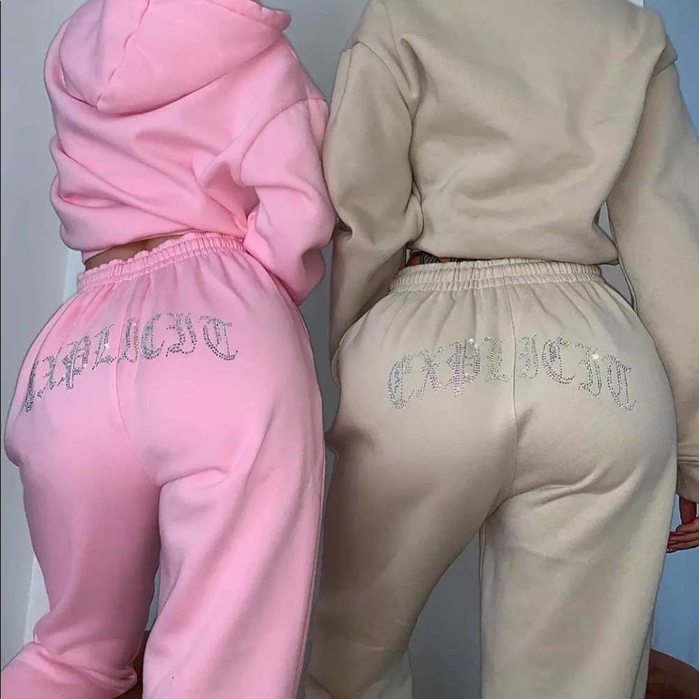 “Explicit” diamond letter pink&tan sweatsuit
